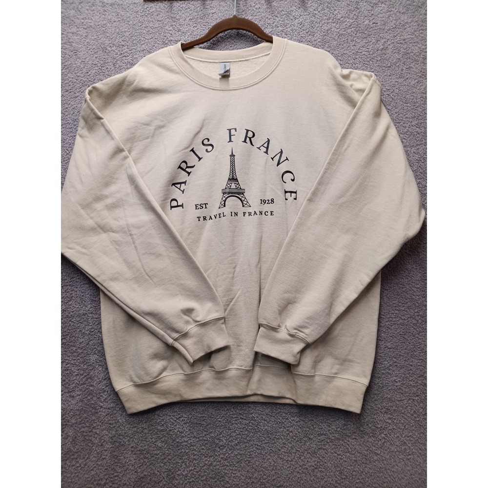 Gildan Paris France Eiffel Tower Sweatshirt Beige Unisex XL Y2K Travel‎ NWOT